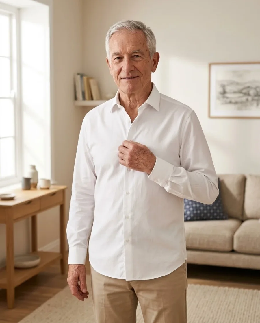 Hombre mayor con camisa blanca, sonriendo en el living de su casa
